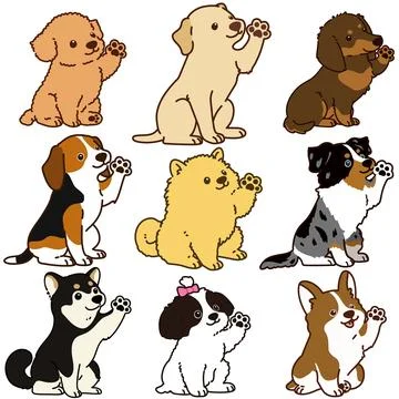 Set of outlined cute and simple dog sitting waving hand Stock Illustration