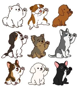 Set of outlined cute and simple dogs sitting and waving hand Stock Illustration