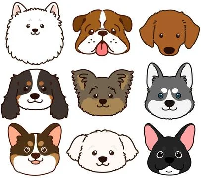 Set of outlined cute and simple dog heads Stock Illustration