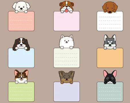 Set of outlined cute and simple dog heads with front paws holding a note Stock Illustration