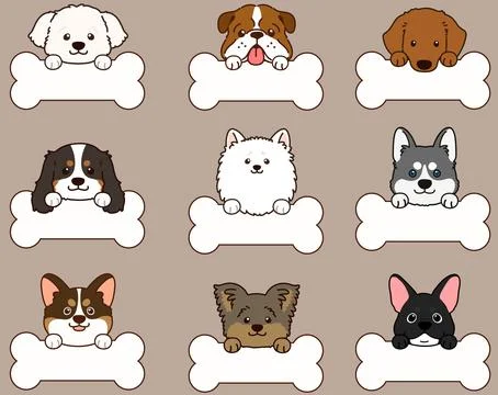 Set of outlined cute and simple dog heads with front paws holding a bone Stock Illustration