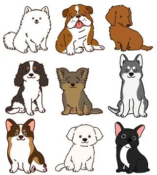 Set of outlined cute and simple dogs sitting in front view Stock Illustration