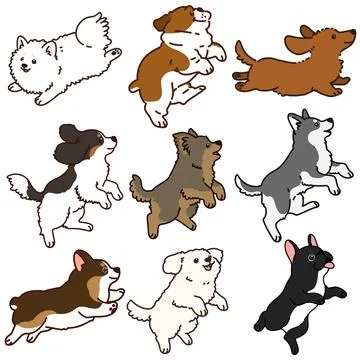 Set of outlined cute and simple dogs jumping and playing Stock Illustration
