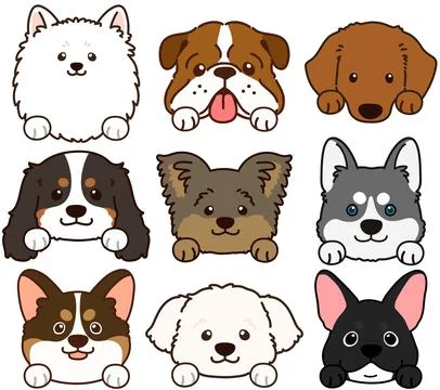 Set of outlined cute and simple dog heads with front paws Stock Illustration