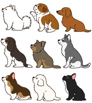 Set of outlined cute and simple dogs sitting in side view Stock Illustration