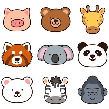 Set of outlined cute and simple animal faces A Stock Illustration