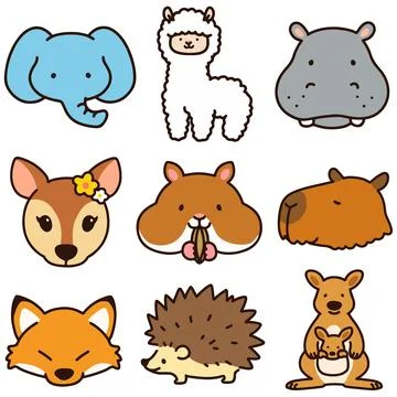Set of outlined cute and simple animal faces B Stock Illustration