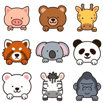 Set of outlined cute and simple animal faces with front paws Stock Illustration