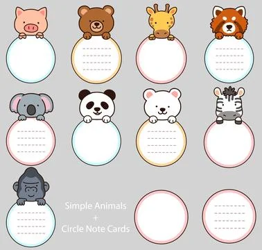 Set of outlined cute and simple animals holding a circle note cards Stock Illustration