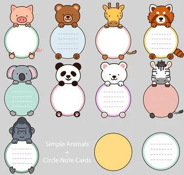 Set of outlined cute and simple animals holding a circle note cards Stock Illustration