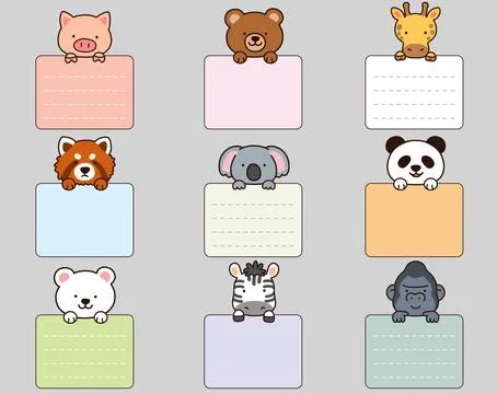 Set of outlined cute and simple animals holding a rectangle note cards Stock Illustration
