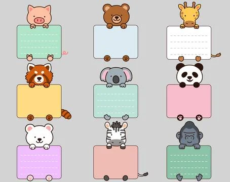 Set of outlined cute and simple animals holding a rectangle note cards Stock Illustration