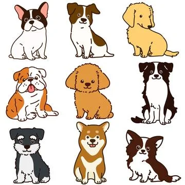 Set of outlined dogs sitting in front view illustrations Stock Illustration