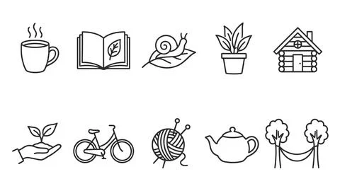Set of outlined icons representing outdoor activities and cozy indoor hobbi.. Stock Illustration