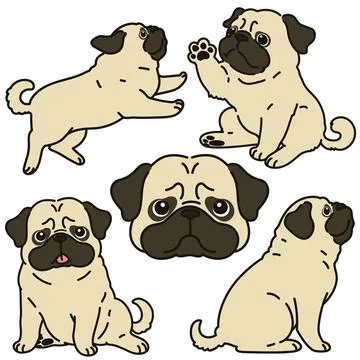 Set of outlined simple and cute pug illustrations Stock Illustration