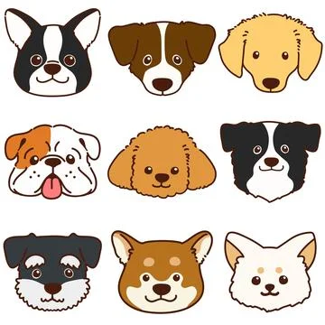 Set of outlined various cute dog faces Stock Illustration