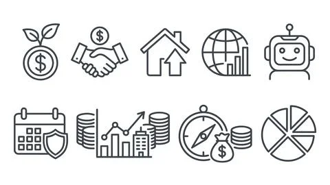 Set of outlined vector icons for financial concepts including investment, p.. Stock Illustration