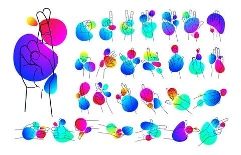 Set of outlines of human hands, movements and signs with fingers, on a backgr Stock-Illustration