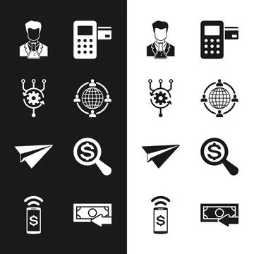 Set Outsourcing concept, Algorithm, Scientist and test tube, Pos terminal, Paper Illustrazione stock