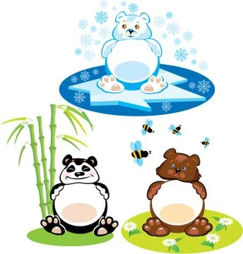 Set of oval frames - animals for kids - 3 bears - brown bear, panda, polar be Stock Illustration