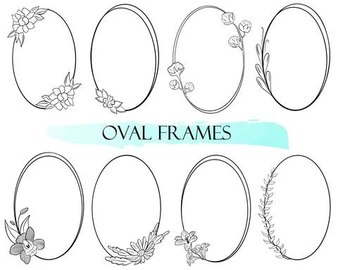 Set of oval frames with flowers and leaves. Vector. Frames with simple color. Stock-Illustration