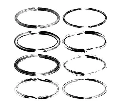 Set of oval grunge frames . Empty ellipse dry brush ink borders isolated. Vec Stock Illustration