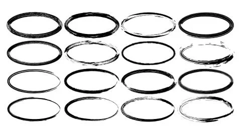 Set of oval grunge frames. Empty dry brush borders isolated. Vector illustrat Illustrazione stock