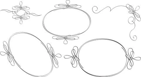 Set of oval outline frames and decorative elements. Stock Illustration