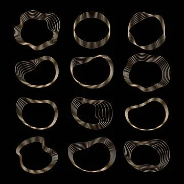 Set of oval wavy golden frames on a black background, gold elements in art deco Stock Illustration