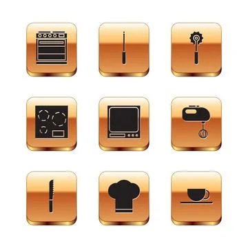 Set Oven, Bread knife, Chef hat, Electronic scales, Electric stove, Pizza Stockillustratie