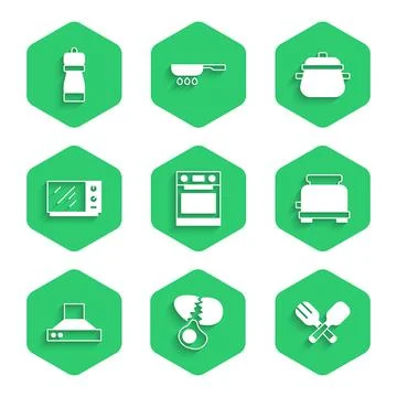 Set Oven, Broken egg, Crossed fork and spoon, Toaster, Kitchen extractor fan Stock Illustration