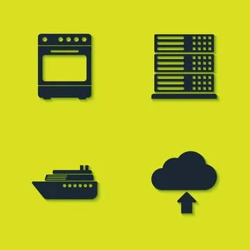 Set Oven, Cloud upload, Ship and Server, Data, Web Hosting icon. Vector Illustrazione stock