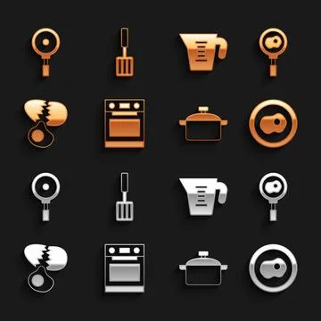Set Oven, Fried eggs on frying pan, Scrambled, Cooking pot, Broken, Measuri.. イラスト素材