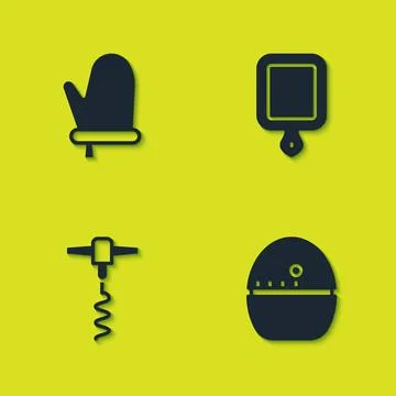 Set Oven glove, Kitchen timer, Wine corkscrew and Cutting board icon. Vector イラスト素材