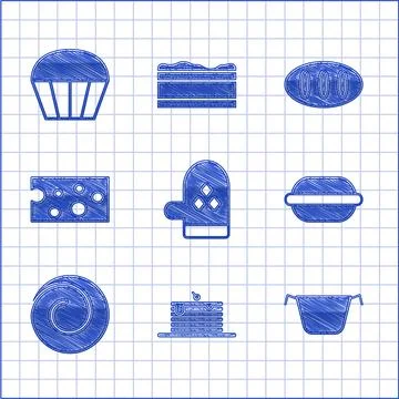 Set Oven glove, Stack of pancakes, Cooking pot, Macaron cookie, Roll bun with Stock Illustration
