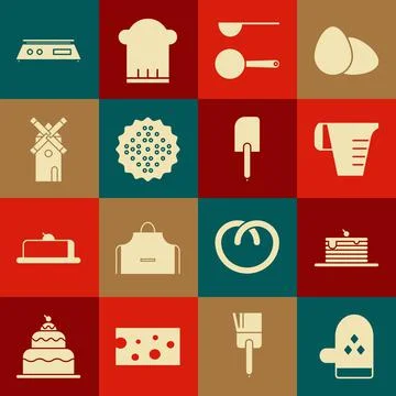 Set Oven glove, Stack of pancakes, Measuring cup, spoon, Cracker biscuit イラスト素材