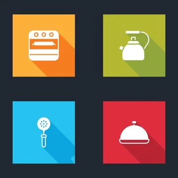 Set Oven, Kettle with handle, Spatula and Covered tray of food icon. Vector Illustration