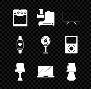 Set Oven, Kitchen meat grinder, Smart Tv, Table lamp, Laptop, watch showing Stock Illustration