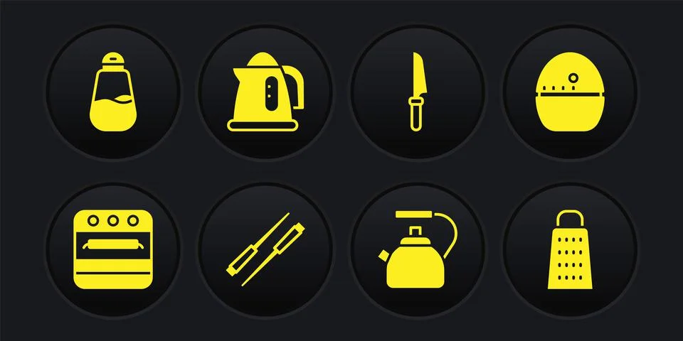 Set Oven, Kitchen timer, Food chopsticks, Kettle with handle, Knife, Electric Illustration