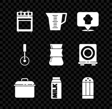 Set Oven, Measuring cup, Chef hat with location, Cooking pot, Paper package.. Stock-Illustration