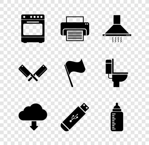 Set Oven, Printer, Kitchen extractor fan, Cloud download, USB flash drive and Stock Illustration