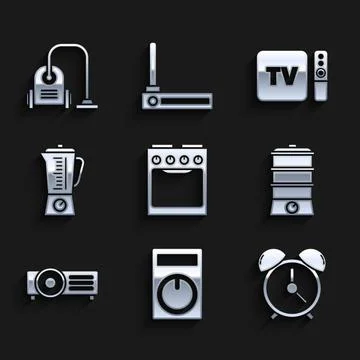Set Oven, Remote control, Alarm clock, Double boiler, , Blender, TV box receiver Stock Illustration