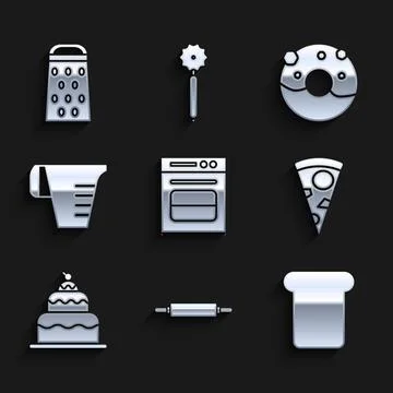 Set Oven, Rolling pin, Bread toast, Slice of pizza, Cake, Measuring cup, Donut 스톡 일러스트