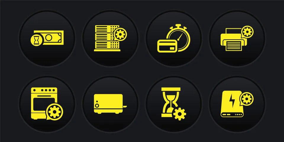 Set Oven setting, Printer, Toaster, Hourglass, Fast payments and Server icon Stock Illustration