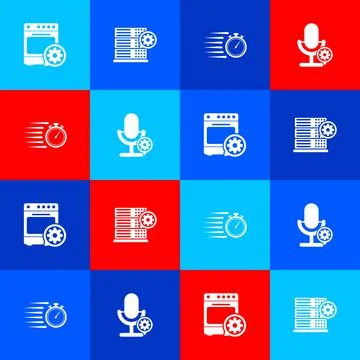 Set Oven setting, Server, Stopwatch and Microphone icon. Vector 스톡 일러스트