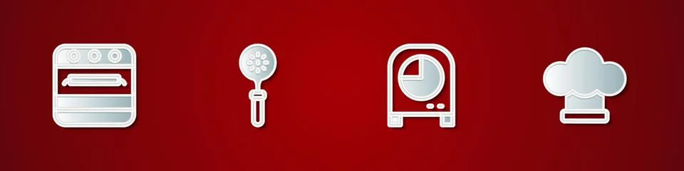 Set Oven, Spatula, Kitchen timer and Chef hat icon. Vector Stock Illustration
