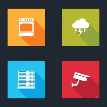 Set Oven, Storm, Server, Data, Web Hosting and Security camera icon. Vector Stock Illustration