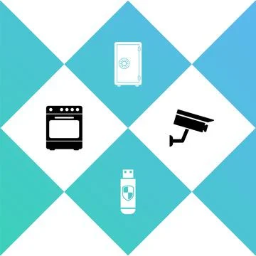 Set Oven, USB flash drive and shield, Safe and Security camera icon. Vector Illustrazione stock