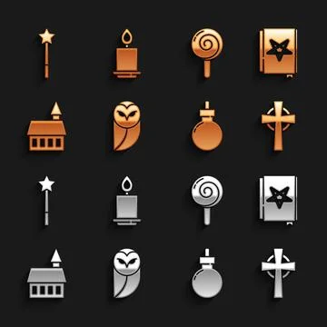 Set Owl, Ancient magic book, Tombstone with cross, Bomb ready explode, Castle Stock Illustration