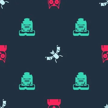 Set Owl bird, Flying bat and Tombstone with RIP written on seamless pattern Stock Illustration
